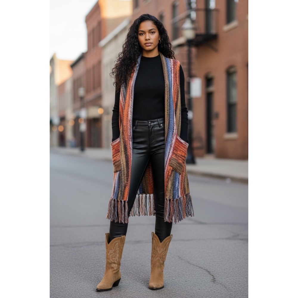 ANGIE Rust Wool Blend Long Sweater Vest with Fringe - Picture 4 of 4